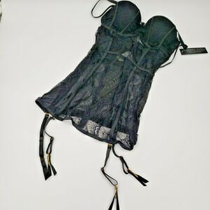 Yandy Black Mesh Lace Chemise Lingerie Set Garter Straps Demi Sexy Size Medium